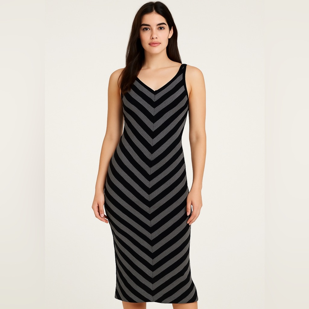 Mossimo Black & Gray Chevron Pattern Striped Tank Midi Dress 90s Y2K Sz Small